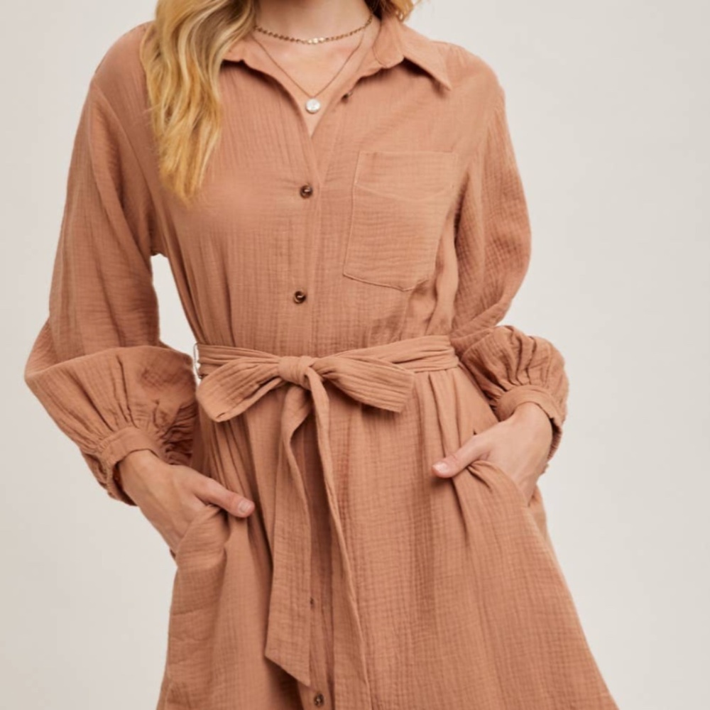 Clay Button Down Tie Waisted Shirt Midi Dress